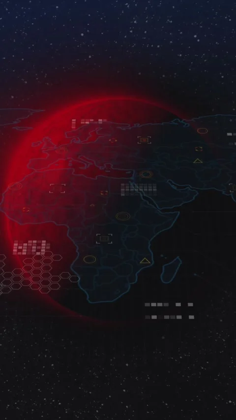 Animation of geometric shapes on map over multicolored globes against galaxy in Stock Footage 344783406