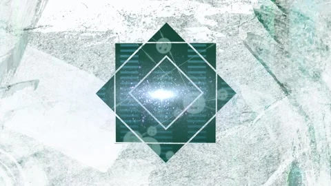 Animation of geometric square shape and grunge overlay against screens with Stock Footage 329414156