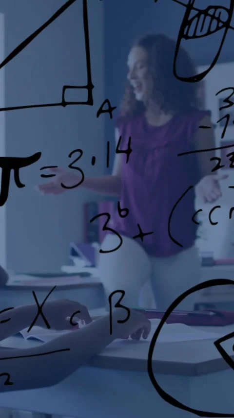 Animation of geometry and maths equations over diverse female teacher and Stock Footage 320444373
