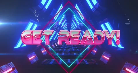 Animation of get ready over rhombuses against illuminated triangular tunnel in Stock Footage 243719517