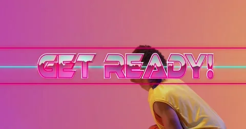 Animation of get ready text over neon pattern and biracial basketball player Stock-Footage 223303104