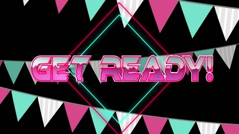 Animation of get ready text in pink metallic letters over bunting Stock Footage 316820914