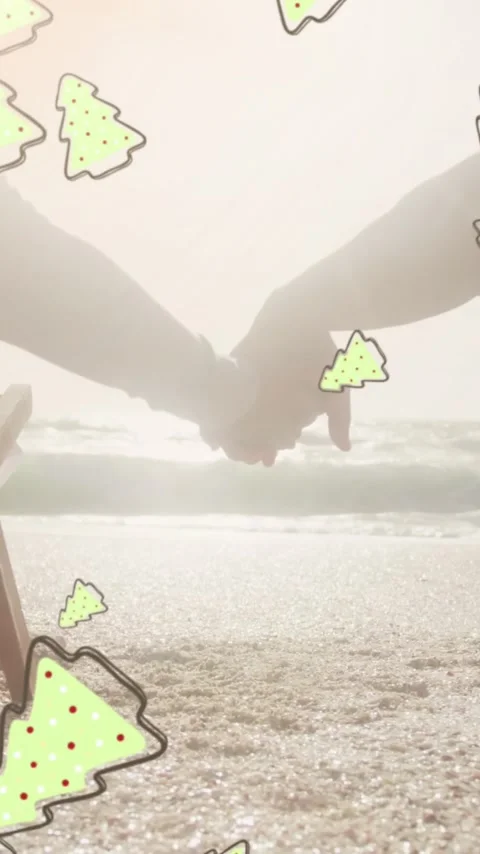Animation of ginger bread icons over senior couple at beach Vídeo Stock 342704438