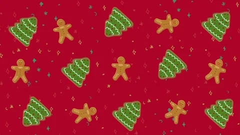 Animation of gingerbread and christmas tree icons against red background Stock Footage 253146511