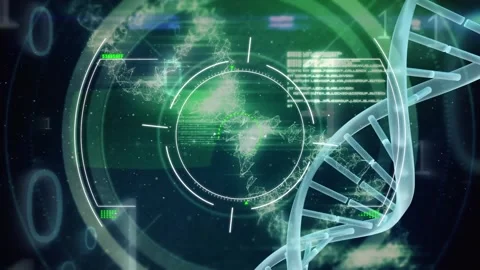 Animation of glitch, binary code and diverse data over dna chain on green Stock Footage 330402190