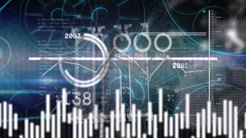 Animation of glitch, cogs, graphs and data over navy background Stock Footage 326424463