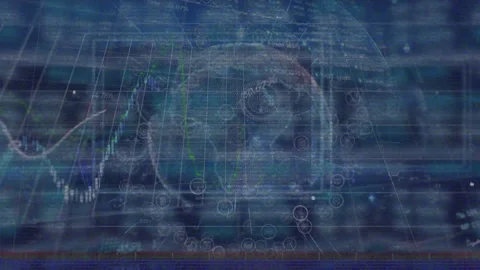 Animation of glitch effect and financial data processing over spinning globe Stock Footage 329923859