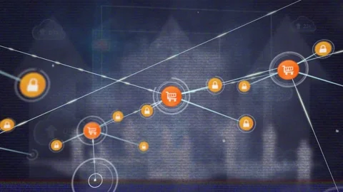 Animation of glitch effect and network of digital icons over clouds icons with Stock Footage 328083101