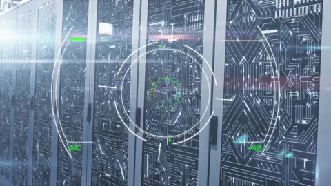 Animation of glitch effect and scope scanning against microprocessor connections Stock Footage 326631291