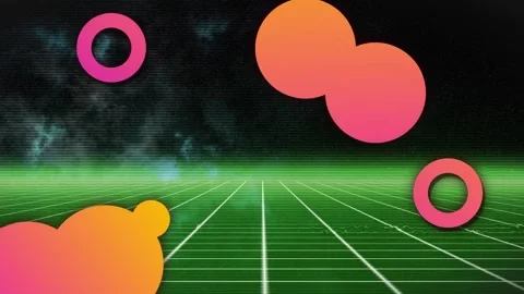 Animation of glitch effect on gradient shapes floating over green grid network Stockbeeldmateriaal 234948677