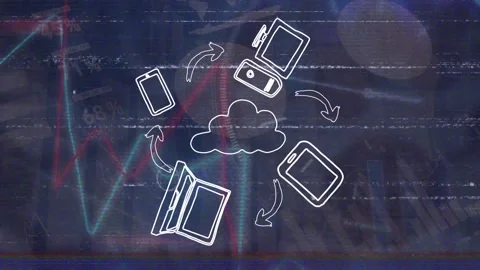 Animation of glitch effect over digital icons and statistical data processing on Stock Footage 326102731