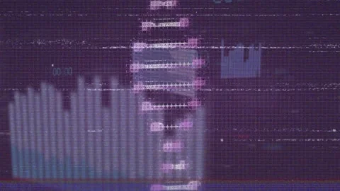 Animation of glitch effect over dna structure and statistical data processing on Stock Footage 328302906