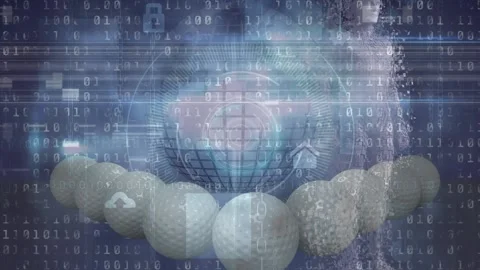 Animation of glitch effect over golf balls, binary coding and round scanner Stock Footage 236065020
