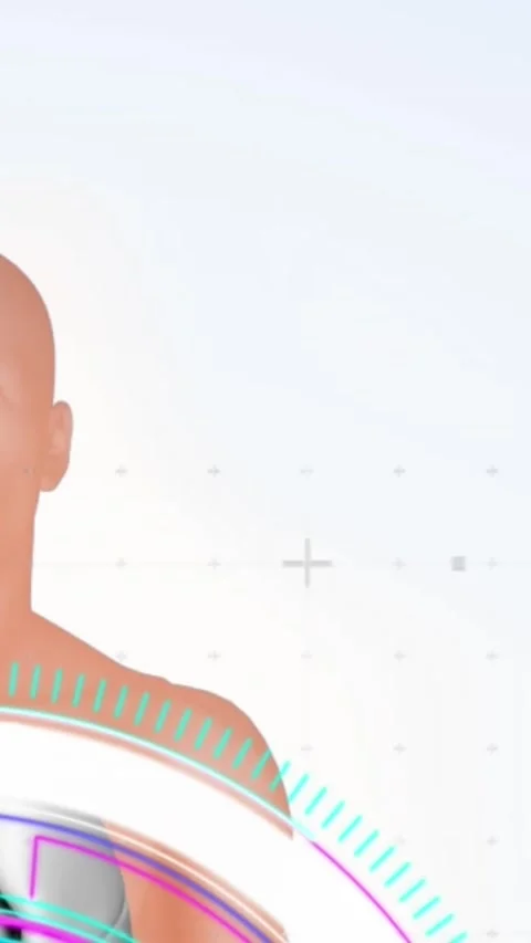Animation of glitch effect over human body model and round scanner against white Stock Footage 321580931