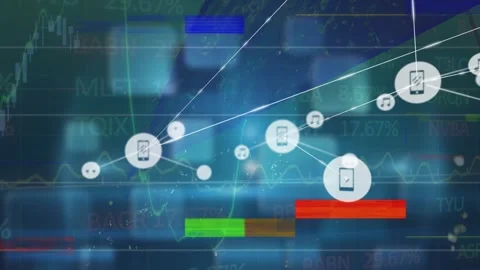 Animation of glitch effect over network of digital icons against stock market Stock Footage 325771251