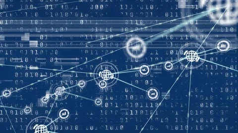 Animation of glitch effect over network of digital icons and binary coding Stock Footage 328087543