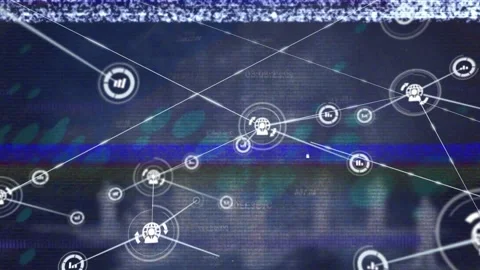 Animation of glitch effect over network of digital icons against data processing Stock Footage 329850178
