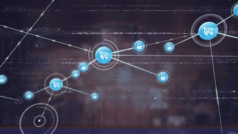 Animation of glitch effect over network of digital icons and data processing Stock Footage 329924058