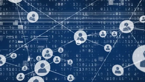Animation of glitch effect over network of profile icons and binary coding Video stock 330587115