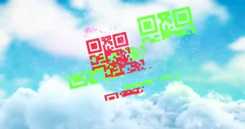 Animation of glitch effect over qr code scanner against clouds in the blue sky Stock Footage 234949711