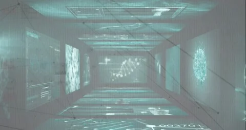 Animation of glitch effect over screens with medical data processing against Stock Footage 330661869