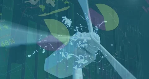 Animation of glitch effect over spinning windmill against statistical data Stock Footage 327124666