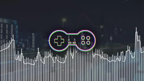 Animation of glitch effect over video game controller icon against night city Stock Footage 315949008