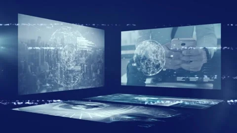 Animation of glitch over diverse data processing on digital screens in navy Stock Footage 329706717