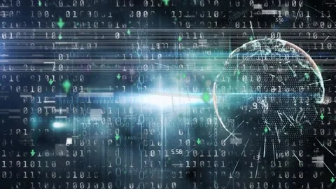 Animation of glitch over globe and binary code on black background Stock Footage 171387676