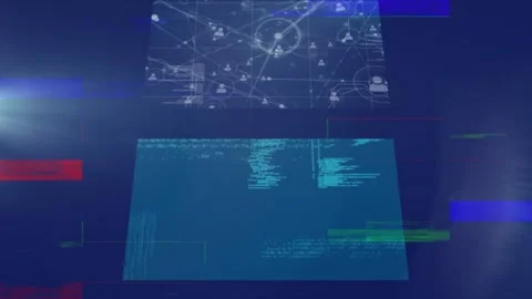 Animation of glitch over navy digital space with screens with diverse data Stock Footage 328711604