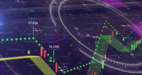 Animation of glitch, processing circle and financial graphs and data on black Stock Footage 330105403