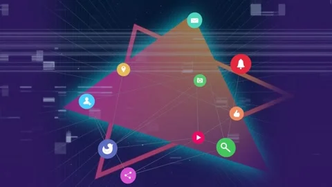 Animation of glitch technique and connected icons with lines over triangular Stock Footage 330728751