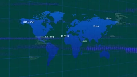 Animation of glitch technique and numbers over map and computer language on 스톡 동영상 233225709