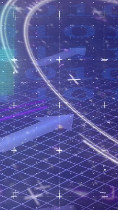 Animation of glitch technique with circles, arrows and lens flare over binary Stock Footage 322148431
