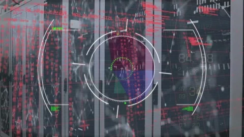 Animation of glitch technique, circles, connected dots and computer language 스톡 동영상 229205781