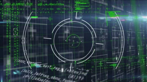 Animation of glitch technique, circles, viewfinders and programming language on Video stock 326186533