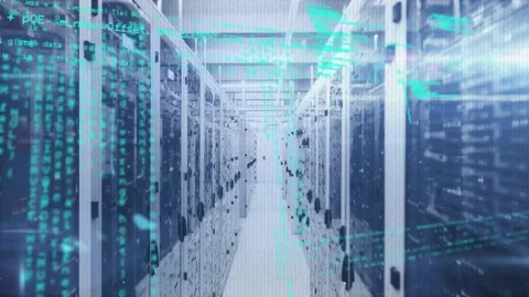 Animation of glitch technique, computer language and bars against server room 스톡 동영상 326190662
