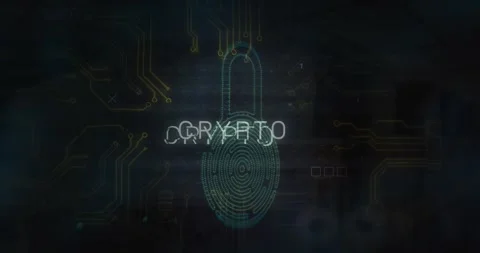 Animation of glitch technique on crypto text over padlock, binary codes, circuit Stock Footage 327124366