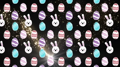 Animation of glitch technique, lens flare over looping bunnies and eggs against 库存影片 330061141