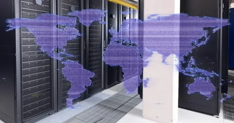 Animation of glitch technique in map against server room in background 스톡 동영상 329233546