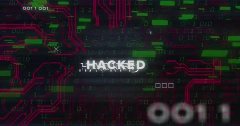 Animation of glitch technique over hacked text, circuit board pattern and binary 動画素材 328594018