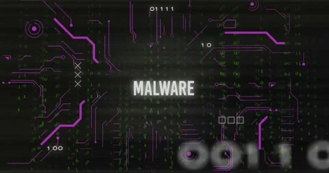 Animation of glitch technique over malware text with circuit board pattern over Stock Footage 330341946
