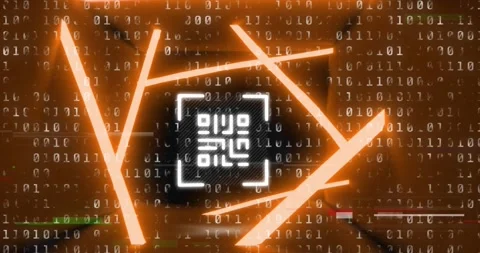 Animation of glitch technique over qr code in abstract pattern against binary Stock Footage 329031192
