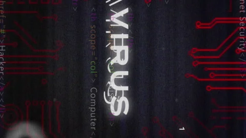 Animation of glitch technique over virus text, circuit board pattern against Stock Footage 312570094