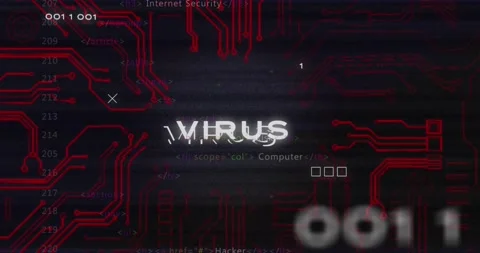 Animation of glitch technique over virus text, circuit board pattern against Stock Footage 329125054