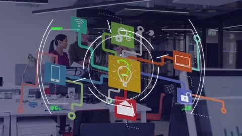 Animation of glitch, viewfinder and tech icons over diverse businesspeople Stock Footage 328836304