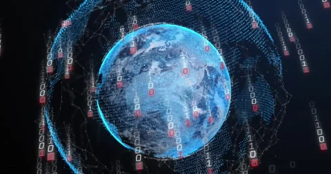Animation of glitched falling binary codes over connected dots around globe on Stock Footage 247965694