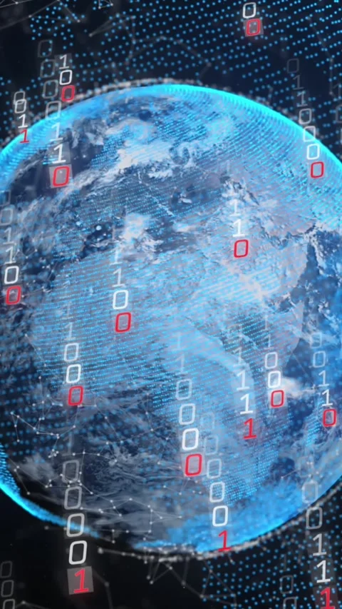 Animation of glitched falling binary codes over connected dots around globe on Video stock 321039598