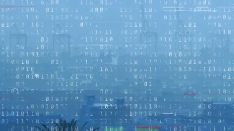 Animation of glitched looping binary codes over fog covered under construction m Stock Footage 244313313