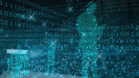 Animation of glittering particles moving with 3d human, binary codes on digital Stock Footage 327707243